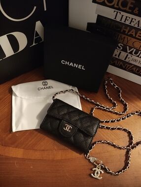 Black Quilted Caviar Mini Crossbody Wallet with Gold-Tone Chain